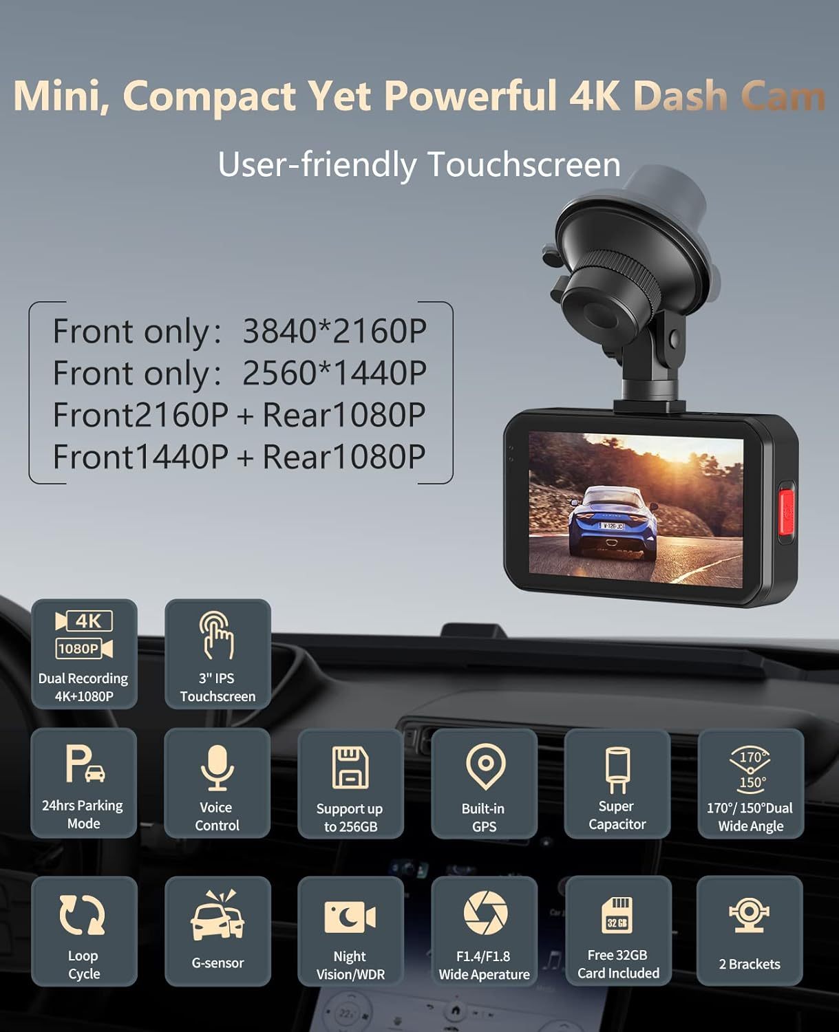 Ultra HD 4K Dual Front & Rear Dash Cam